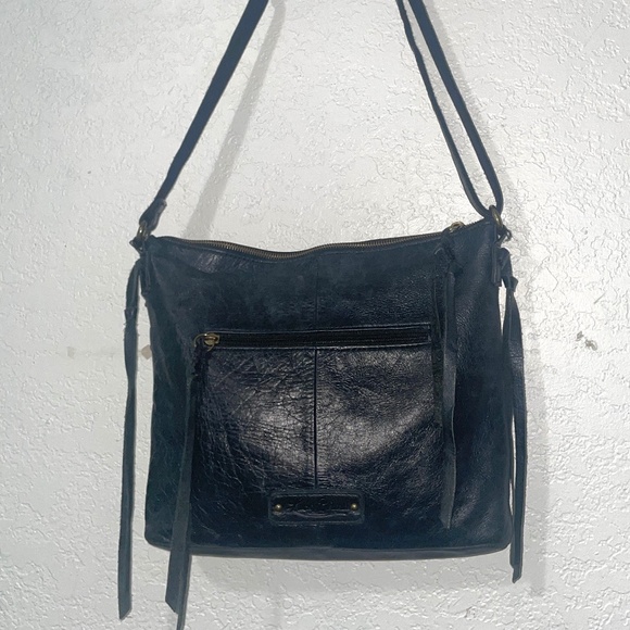 LUCKY BRAND Leather Patchwork black Whipstitch Crossbody Boho Style Bag - Picture 2 of 10